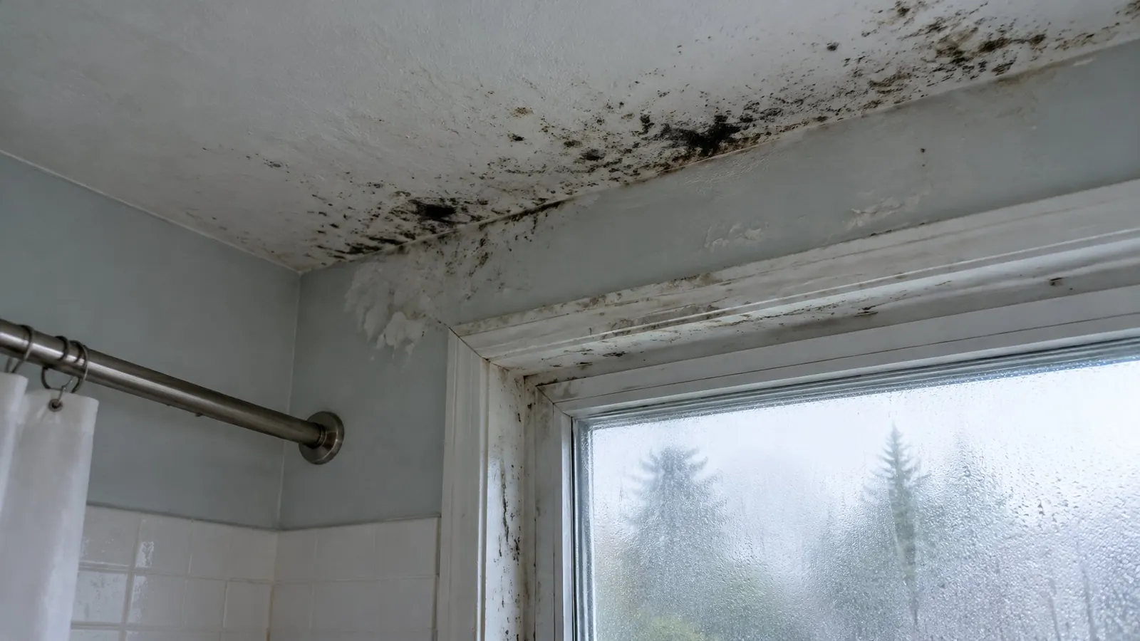 Black mold spots on a bathroom ceiling and window frame above a fogged window