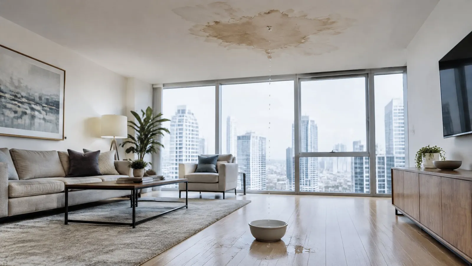 Condo living room with a water stain on the ceiling and drips landing in a bowl on the wood floor