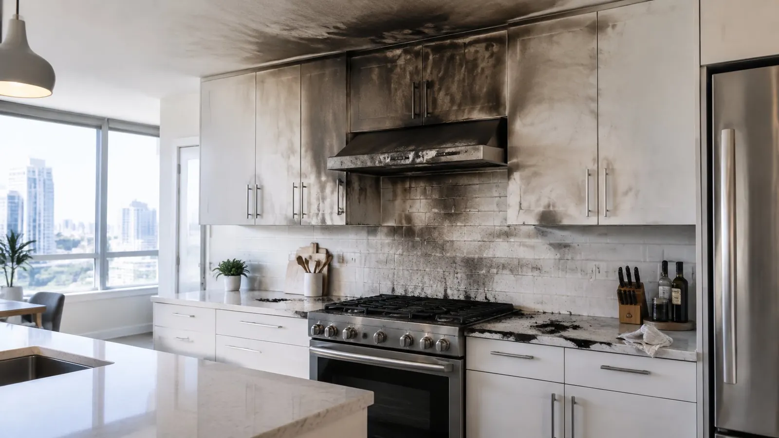 Condo kitchen with smoke-blackened cabinets and soot on the ceiling above the range