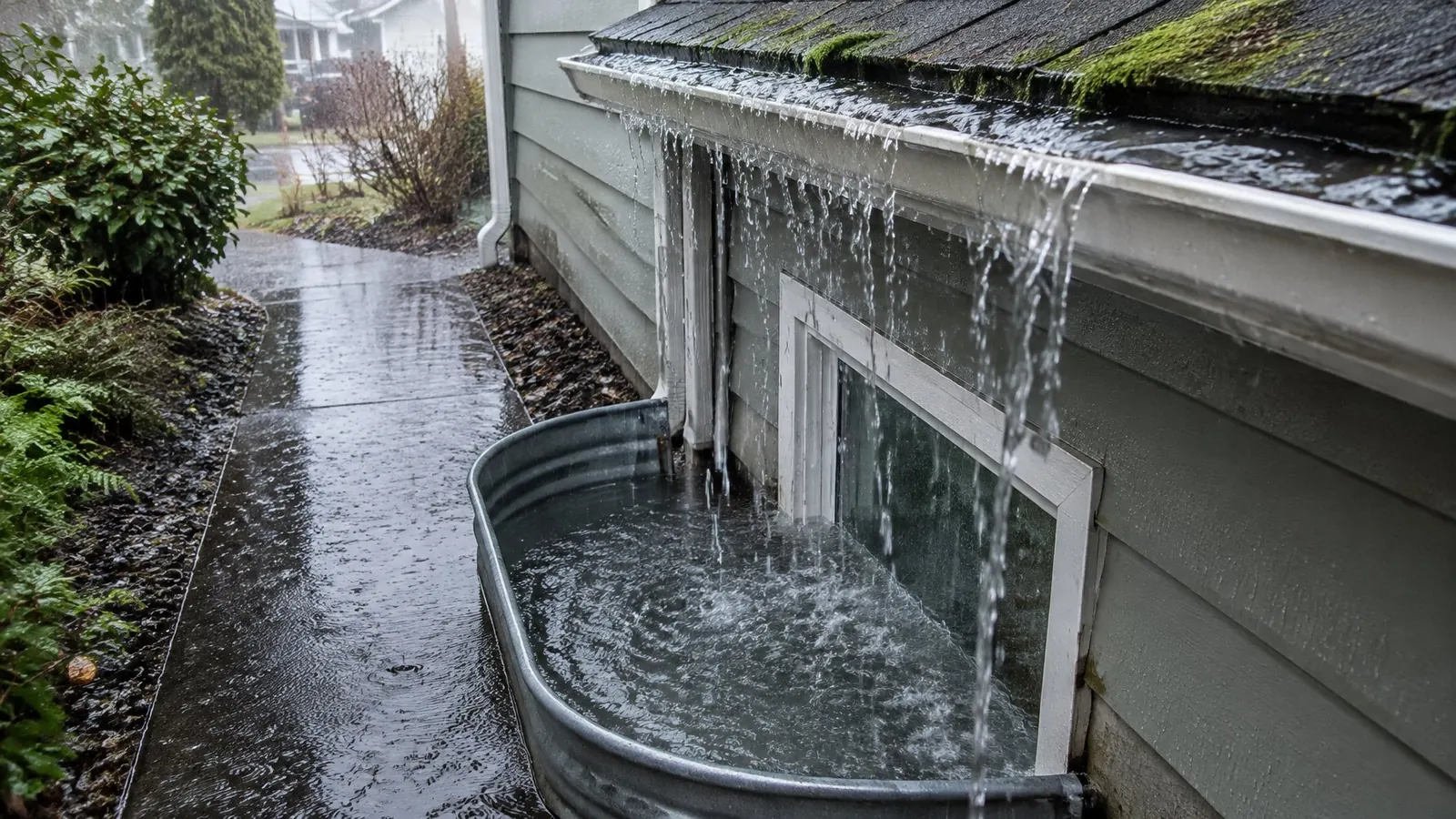 Rain pouring from an overflowing gutter beside a window well filling with water