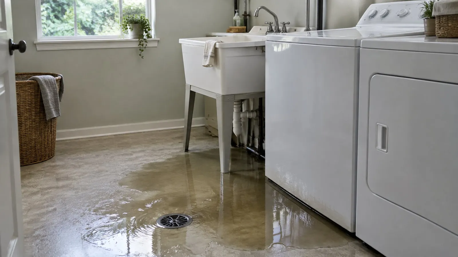 Sewage water backed up around a utility-room floor drain next to a washing machine