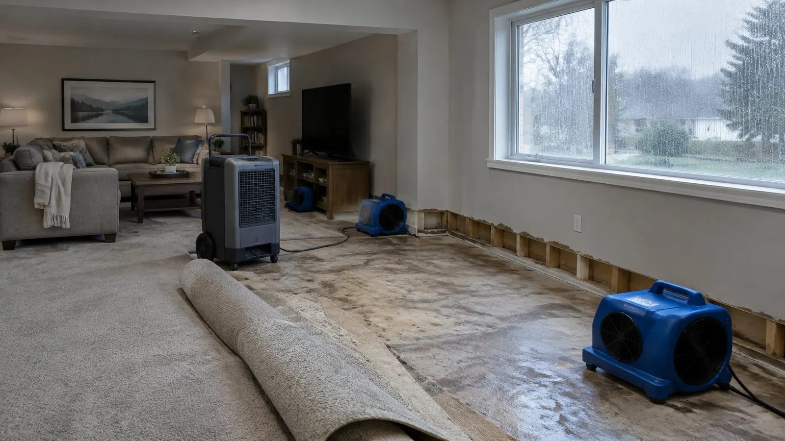 Lower-level family room being dried with carpet rolled back, air movers and a dehumidifier