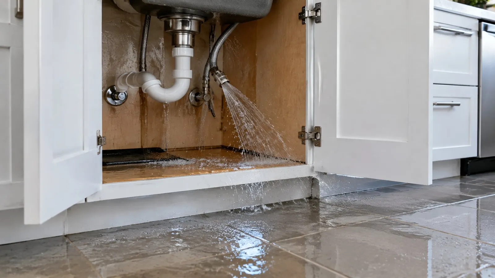 Burst braided supply hose spraying water inside an open kitchen sink cabinet