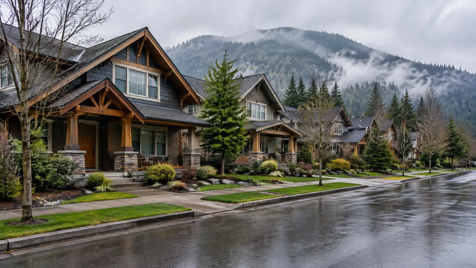 Craftsman-style homes on a wet street with forested foothills in low cloud behind