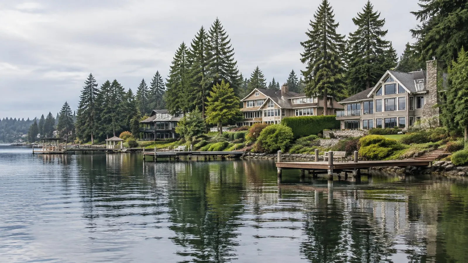 Lakefront homes with private docks among evergreens on Lake Washington