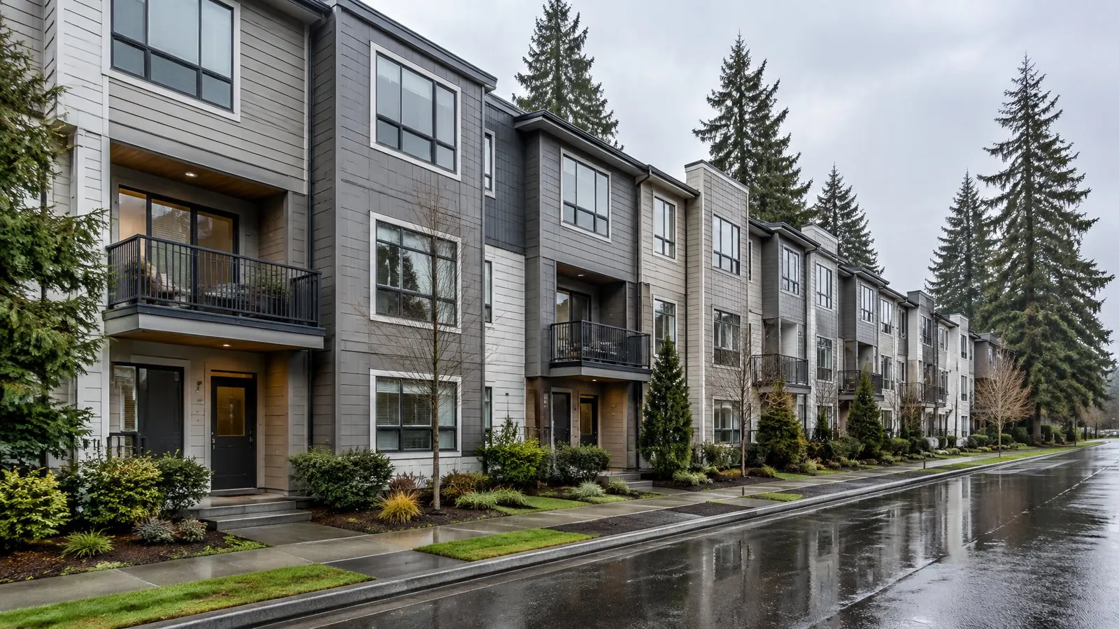 Row of modern three-story townhomes on a rainy street with tall evergreens behind