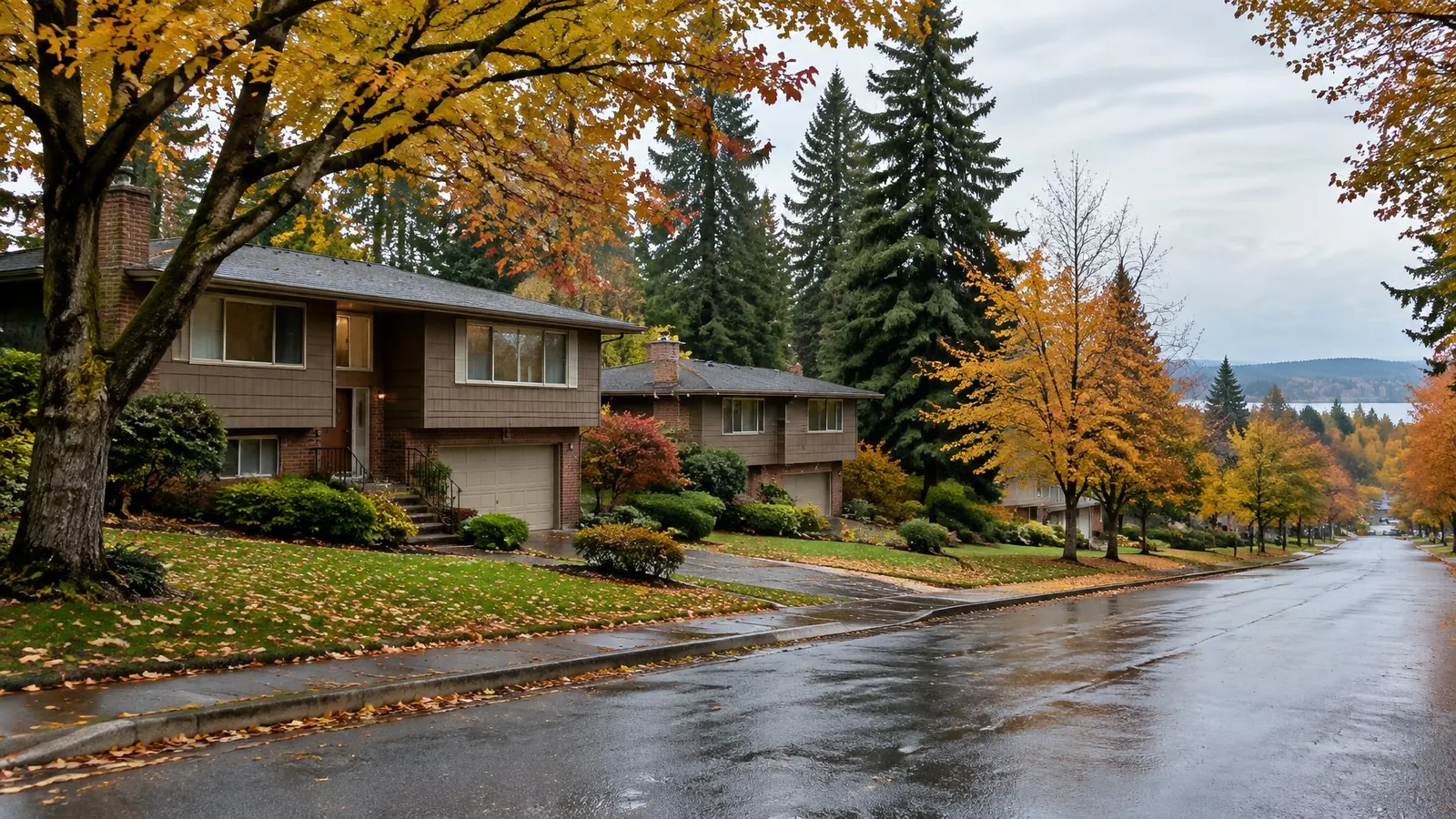 Split-level homes with brick lower floors on a hilly street lined with maples and firs