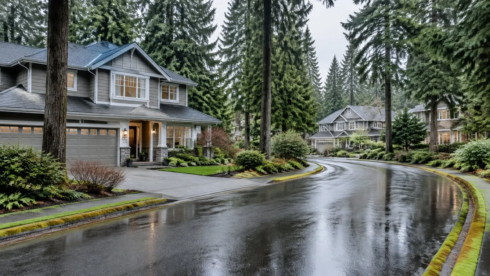 Two-story homes with gray siding among tall Douglas firs on a curving street in light rain